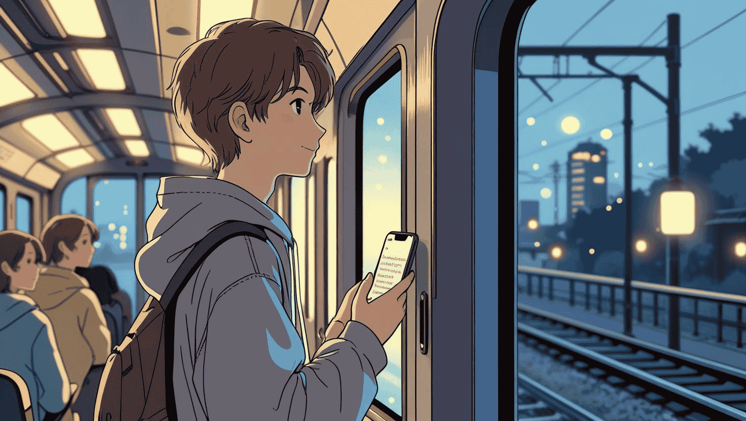 電車のドアに寄りかかりながら、スマホ片手に外を見つめる中学生の男の子の横顔イラスト。静かな夜の帰宅時間の雰囲気。