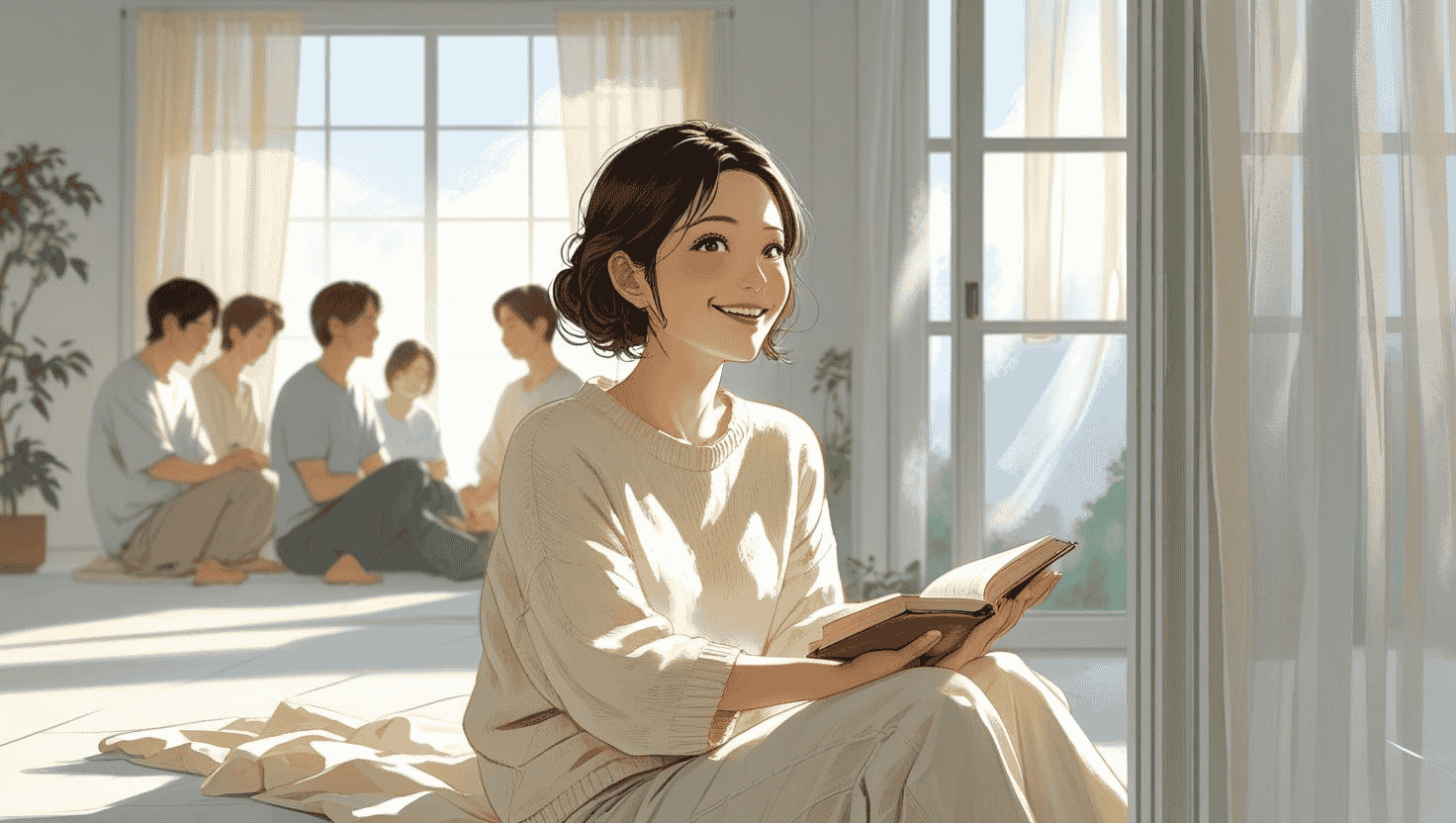 朝の白い部屋で、本を読んでいた30代の日本人女性が振り向き、微笑んでこちらを見る様子。自然光が差し込む清潔感ある空間。