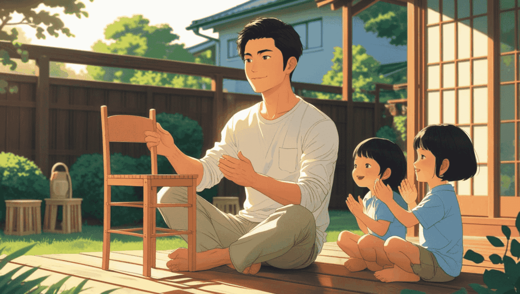 日本人男性が、午後の庭で子ども用の木の椅子を完成させ、両側で子どもたちが喜んでいるDIYシーン。
