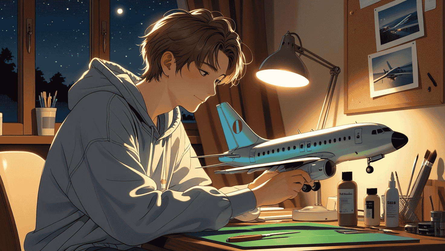 達成感を求める日本人の若者が趣味に打ち込む5つのシーンをイメージしたコラージュ風イラスト。ランニング、DIY、模型作りなどに夢中になる姿。