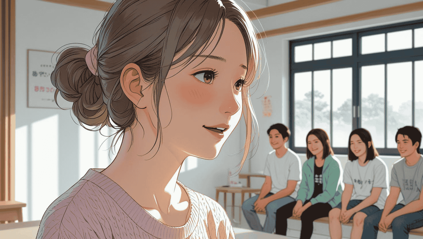 朝の光が差し込む部屋で、静かに微笑みながら本を読む女性の後ろ姿。