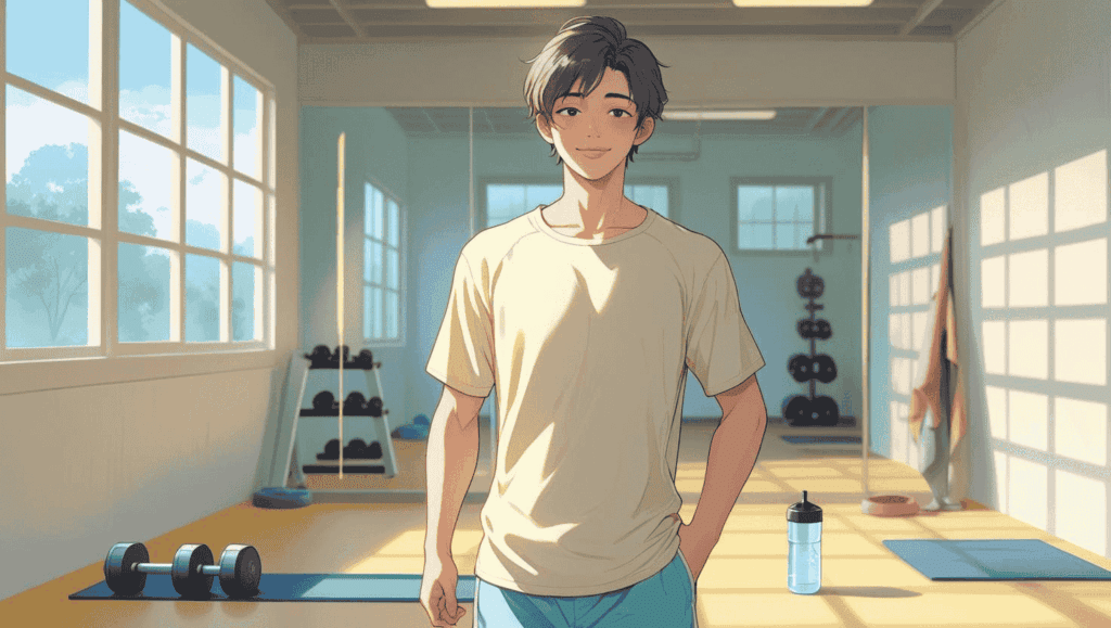 小さなジムの鏡の前で、自分の腕を見ながら微笑む日本人男性。筋トレを通じて成長を実感している様子