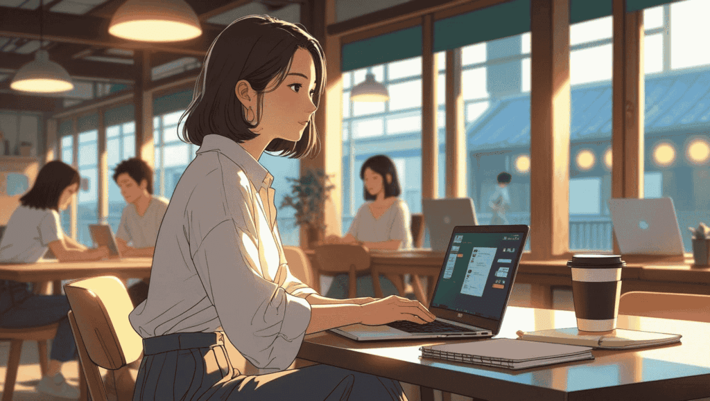 都会のコワーキングスペースで、パソコンに向かい静かに集中する日本人女性。